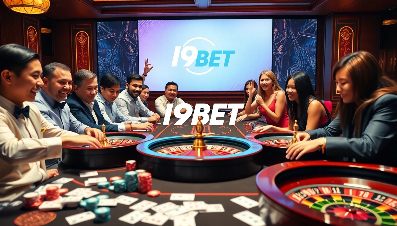 I9BET players enjoying an engaging casino game at an elegant table filled with poker chips and cards.