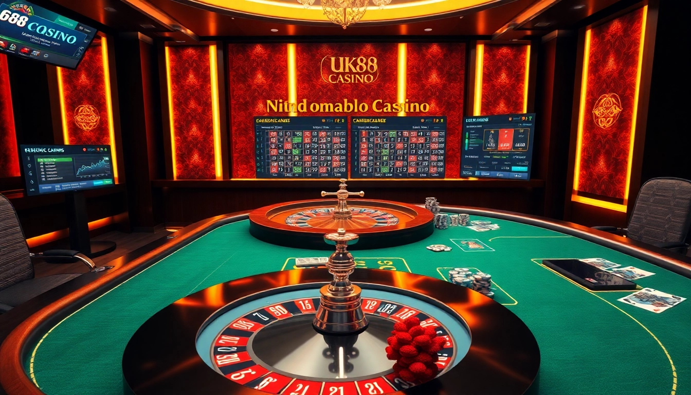 Exciting casino scene at nhà cái uk88 featuring a roulette wheel and poker table for online gambling.