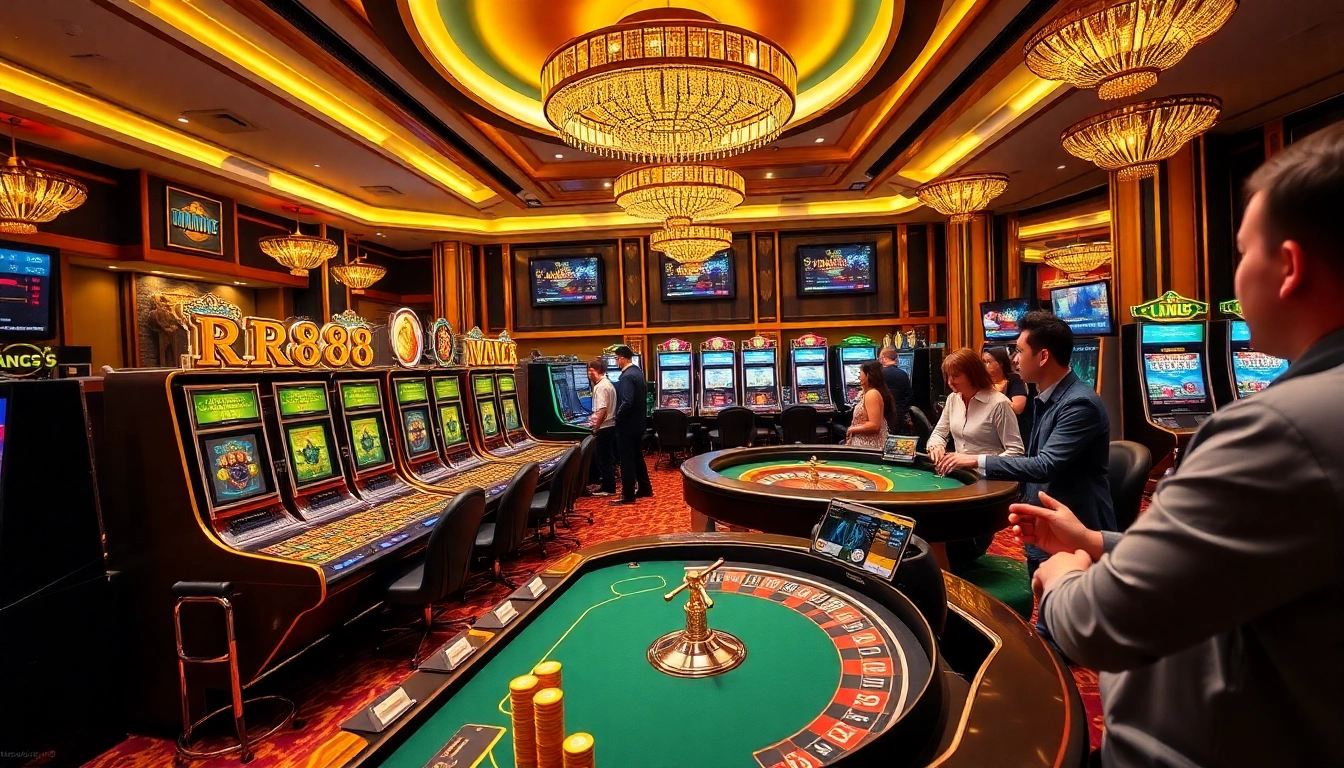 RR88 casino gaming experience with exciting poker tables, vibrant slot machines, and enthusiastic players.