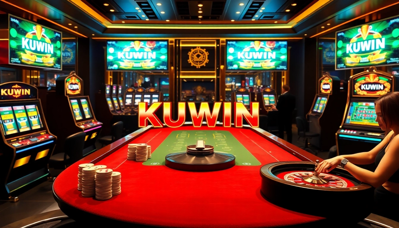Gamblers enjoying a high-stakes game atmosphere at KUWIN casino with poker tables and slot machines.