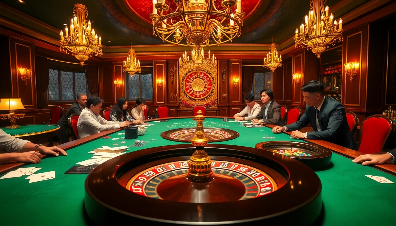 Exciting gambling action at nhà cái 79king Casino with vibrant roulette and poker tables.