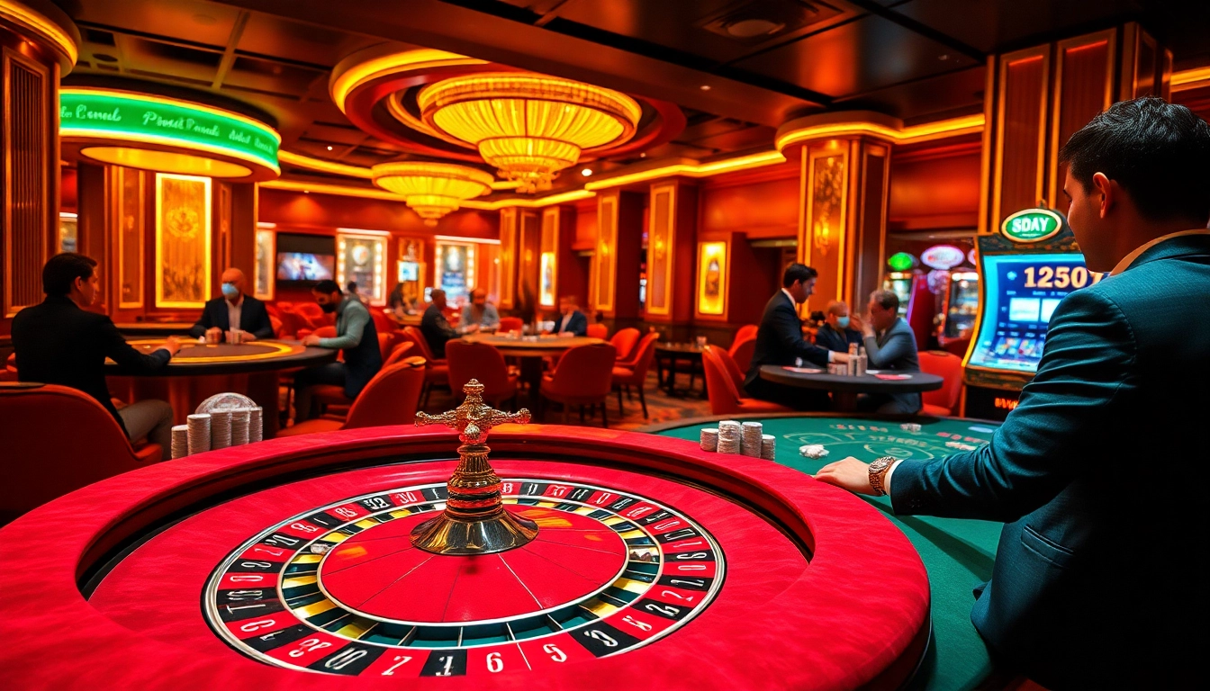 Experience the excitement of high-stakes gambling at 8DAY casino, with players at the poker table and roulette.
