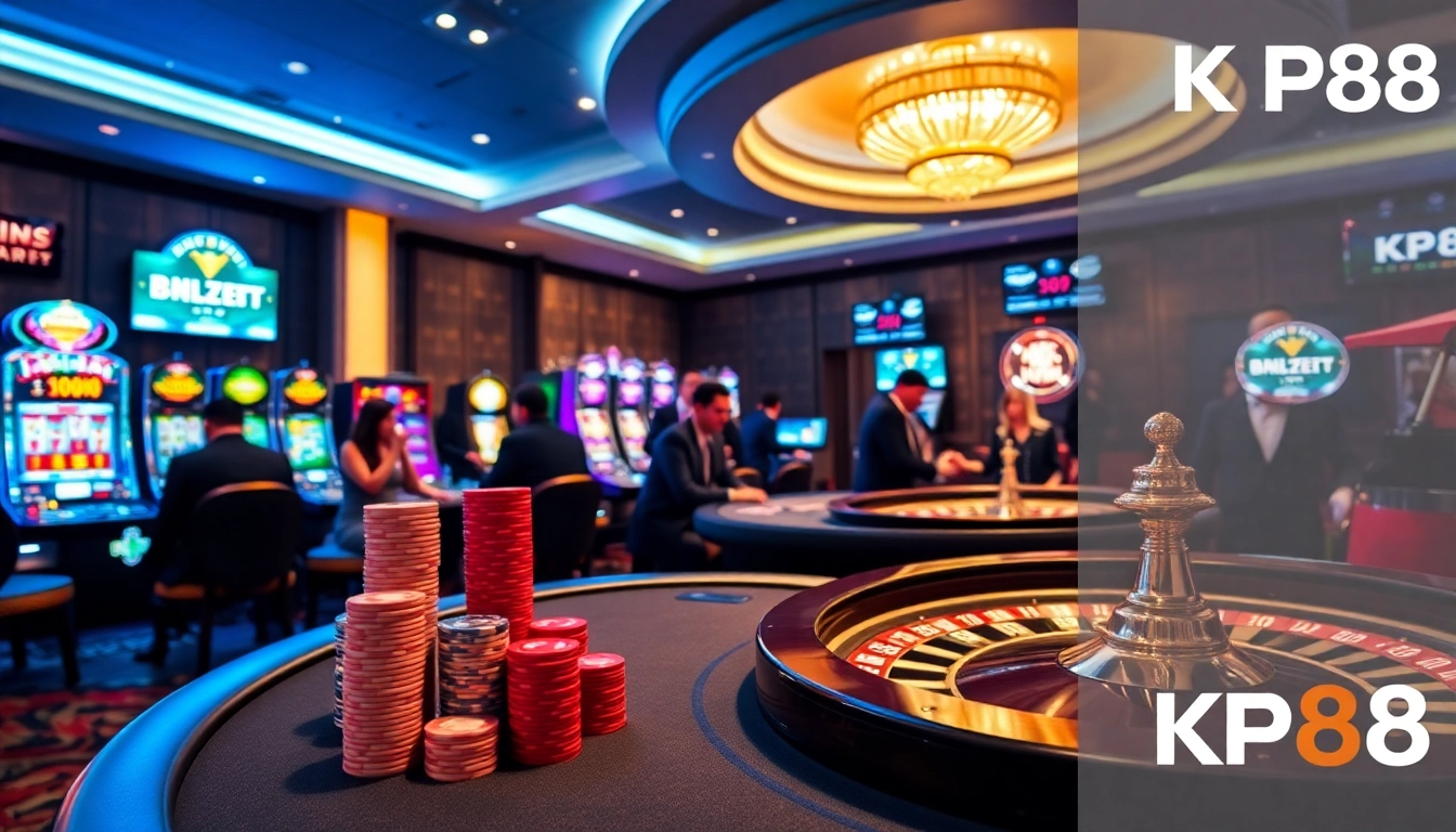 KP88 casino scene showcasing players at a poker table and roulette wheel.
