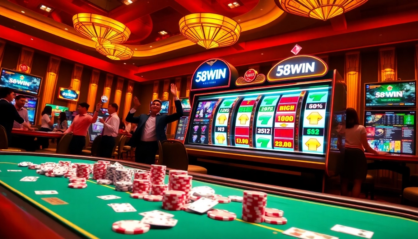 Players celebrating wins on 58WIN platform with casino tables and slot machines.