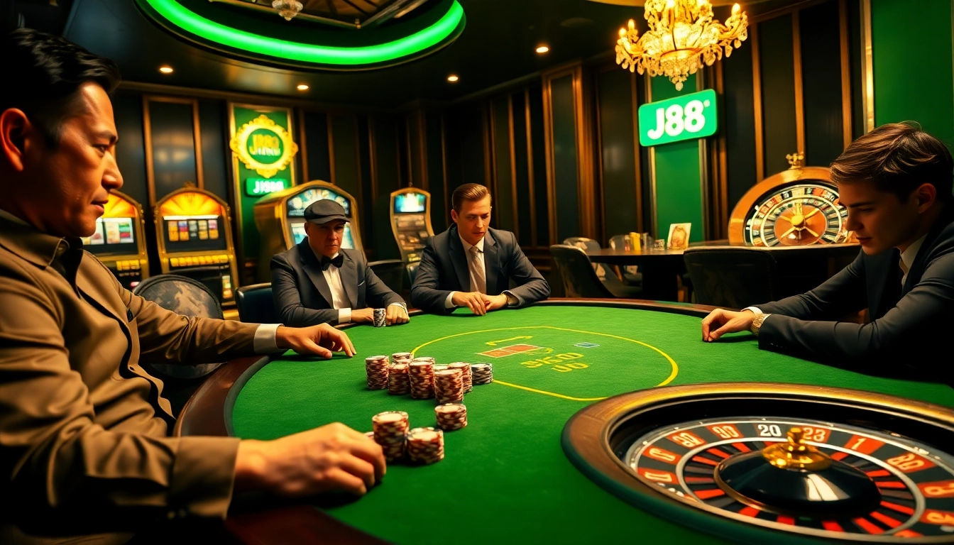 Experience the thrill of J88 as players engage in high-stakes poker at a luxurious casino table.