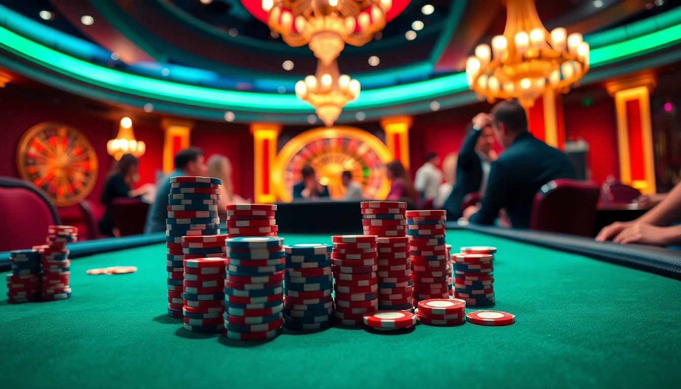 Exciting poker action at jun88 com's vibrant casino table with colorful chips and roulette.