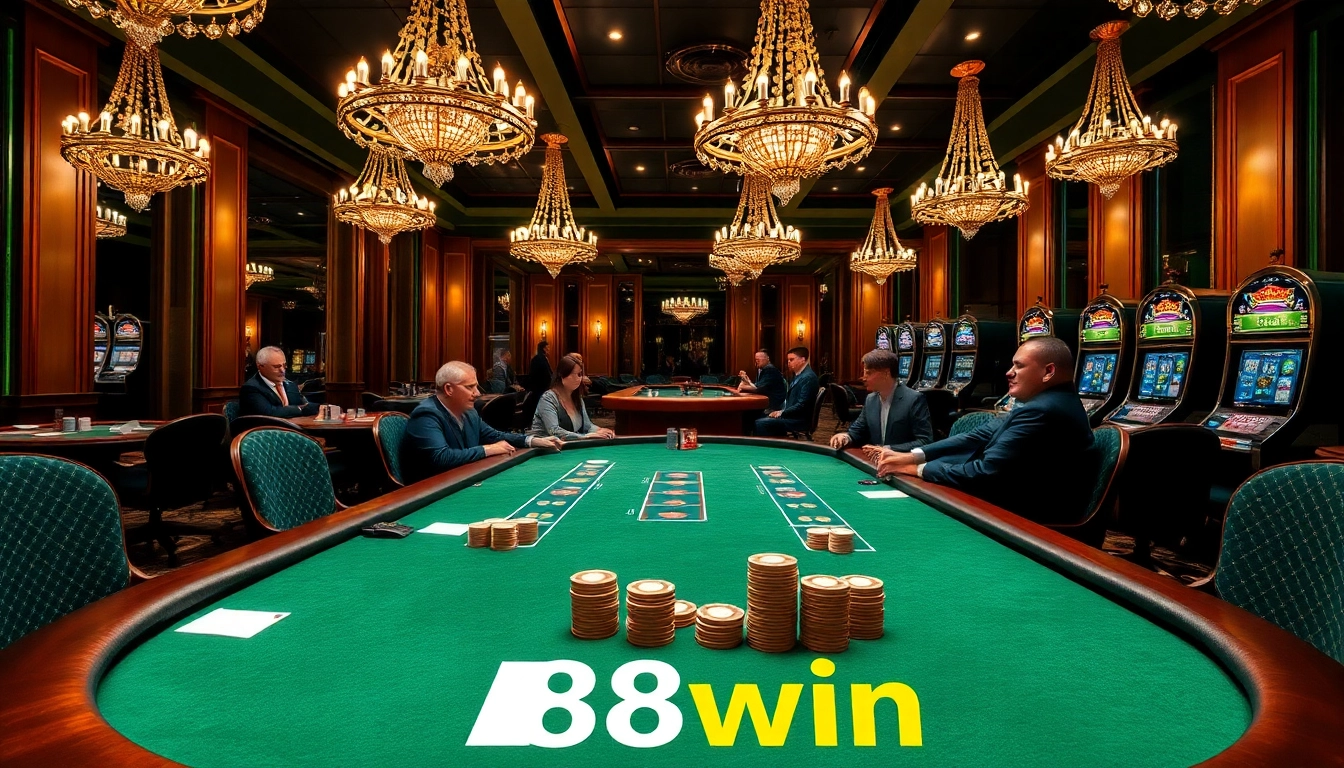 Players enjoying blackjack at 98win's luxurious casino table, filled with polished chips.