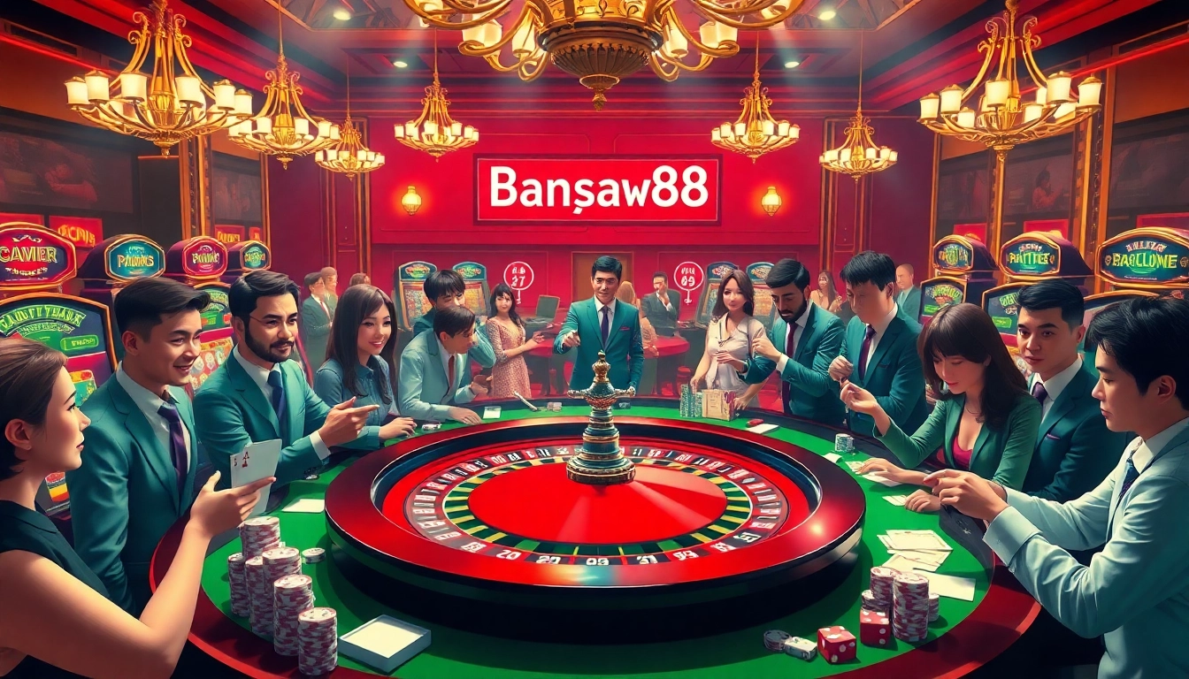 Players engaging at a luxurious roulette table with bangsawan88 branding, capturing vibrant casino excitement.
