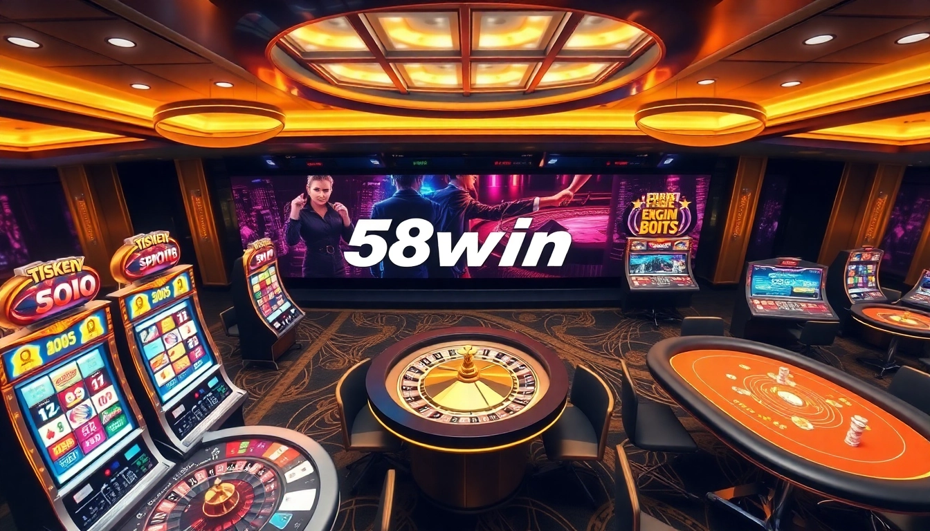 An engaging casino scene showcasing 58wwin gaming excitement with vibrant slot machines and roulette.