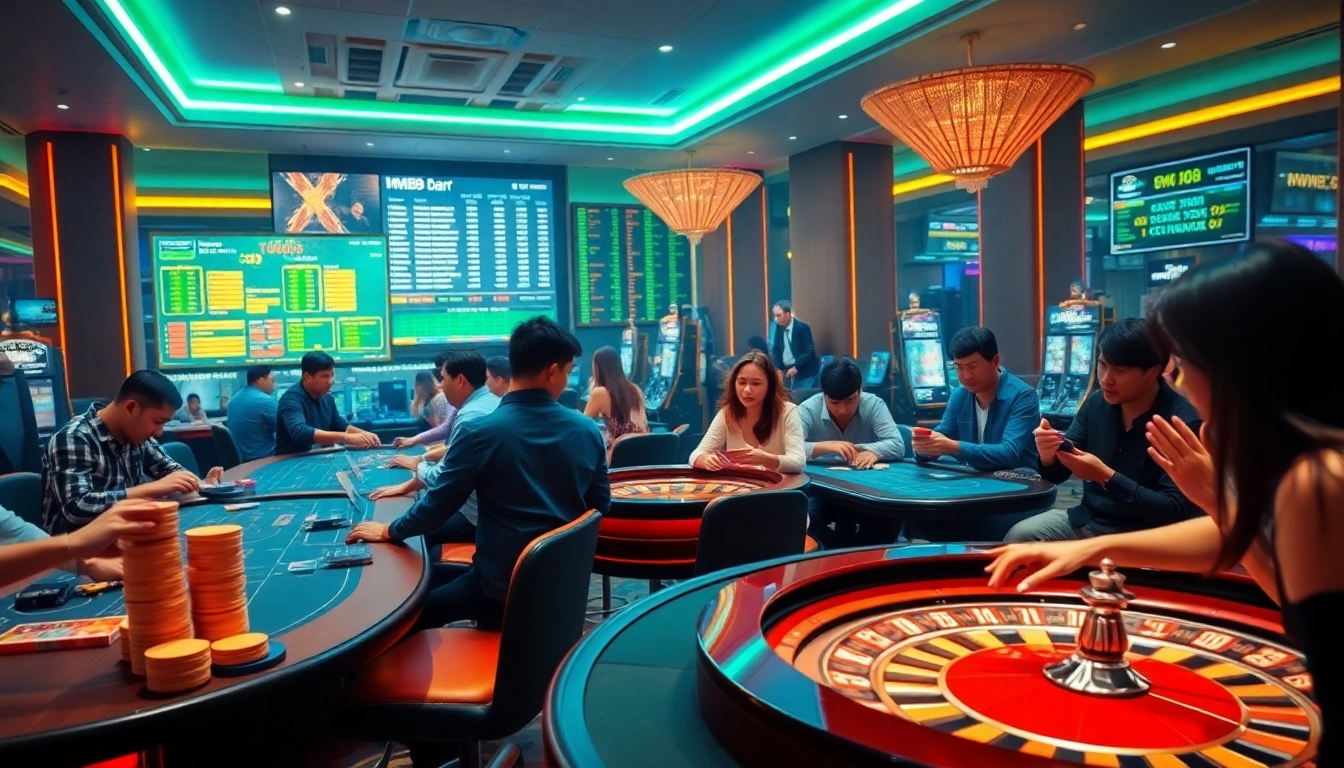 High-energy casino scene showcasing strategic betting at https://mm88.bar/, featuring roulette wheels and poker tables.