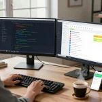 Developer using Open Claw AI assistant for automation in a bright workspace