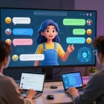 Interactive ai porn chat session with a friendly virtual avatar engaging users in a modern digital environment.