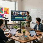 Seedance 2.0 AI video production team collaborating on a project in a modern workspace, showcasing technology and creativity.