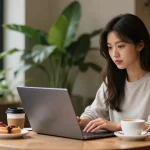 Engaging with an ai girlfriend in a trendy café setting, featuring laptops and coffee.