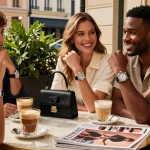 Social gathering at a café showcasing stylish replica watches, highlighting luxury and connection among friends.