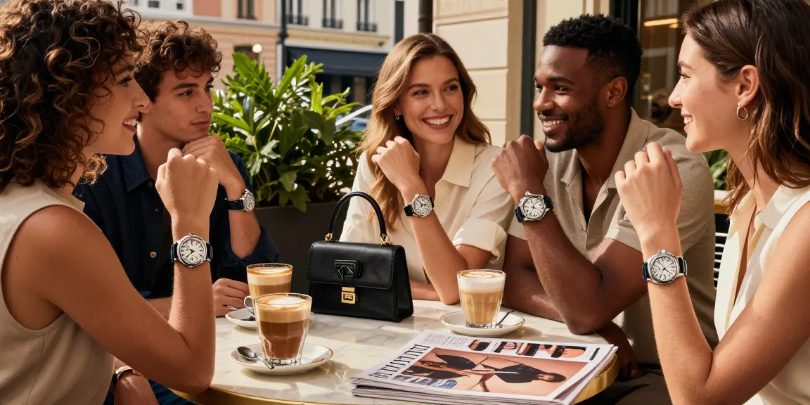 Social gathering at a café showcasing stylish replica watches, highlighting luxury and connection among friends.